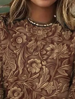 Women's T shirt Crew Neck Long Sleeve Tunic Floral Elegant Vintage Regular Tops Daily Going out Weekend Print Brown