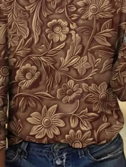 Women's T shirt Crew Neck Long Sleeve Tunic Floral Elegant Vintage Regular Tops Daily Going out Weekend Print Brown