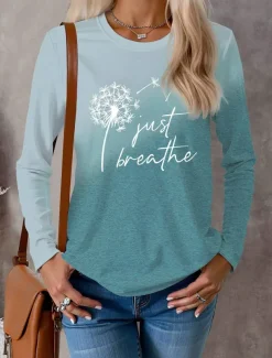Women's T shirt Crew Neck Long Sleeve Tunic Letter Dandelion Modern Casual Regular Tops Daily Weekend Print Blue Fall Winter