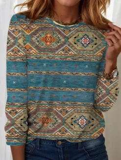 Women's T shirt Crew Neck Long Sleeve Tunic Vintage Modern Casual Regular Tops Daily Weekend Print Black Blue Brown Green Fall Winter