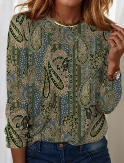 Women's T shirt Crew Neck Long Sleeve Tunic Vintage Modern Casual Regular Tops Daily Weekend Print Black Blue Brown Green Fall Winter