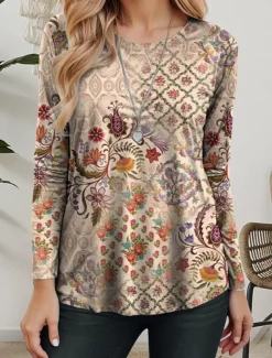 Women's T shirt Crew Neck Long Sleeve Tunic Floral Geometric Casual Regular Tops Daily Print Khaki Spring Fall