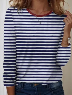 Women's T shirt Crew Neck Long Sleeve Tunic Graphic Striped Elegant Vintage Regular Tops Daily Going out Weekend Print Blue