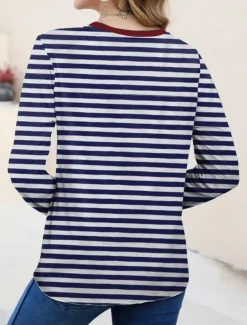 Women's T shirt Crew Neck Long Sleeve Tunic Graphic Striped Elegant Vintage Regular Tops Daily Going out Weekend Print Blue