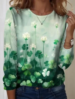 Women's T shirt Crew Neck Long Sleeve Tunic Ombre Floral Elegant Casual Regular Tops Daily Going out Beach Wear Print Light Green