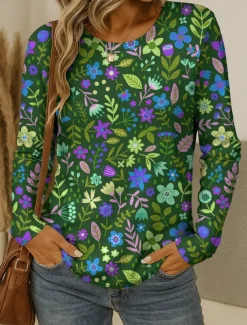 Women's T shirt Crew Neck Long Sleeve Tunic Floral Graphic Plants Vintage Stylish Classic Round Neck Regular Tops Daily Print Red Blue Purple Brown Green Fall