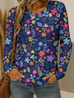 Women's T shirt Crew Neck Long Sleeve Tunic Floral Graphic Plants Vintage Stylish Classic Round Neck Regular Tops Daily Print Red Blue Purple Brown Green Fall