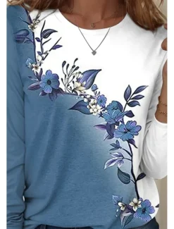 Women's T shirt Crew Neck Long Sleeve Tunic Floral Graphic Casual Regular Tops Daily Print Blue Spring Fall