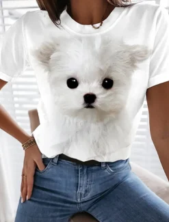 Women's T Shirt Dog Basic Short Sleeve Round Neck Regular Tops Daily Weekend Print Custom Print White Beige Gray