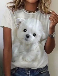 Women's T Shirt Dog Basic Short Sleeve Round Neck Regular Tops Daily Weekend Print Custom Print White Beige Gray