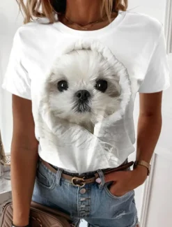 Women's T Shirt Dog Basic Short Sleeve Round Neck Regular Tops Daily Weekend Print Custom Print White Beige Gray