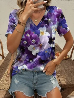 Women's T Shirt Fashion Floral Print Short Sleeve Regular Tops V Neck Daily Navy Blue Blue Purple Summer
