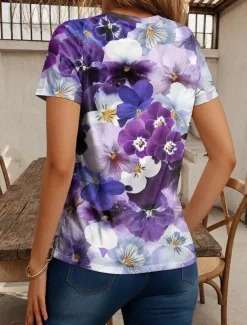 Women's T Shirt Fashion Floral Print Short Sleeve Regular Tops V Neck Daily Navy Blue Blue Purple Summer