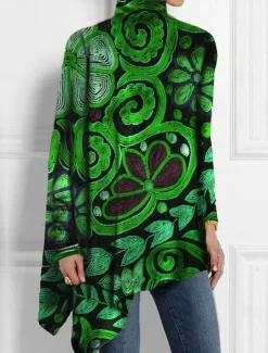 Women's T Shirt Fashion Floral Print Asymmetric Hem Long Sleeve Long Tops High Neck Casual Holiday Red Blue Green Spring & Fall