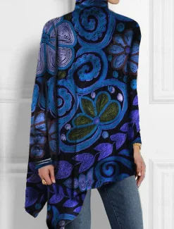 Women's T Shirt Fashion Floral Print Asymmetric Hem Long Sleeve Long Tops High Neck Casual Holiday Red Blue Green Spring & Fall