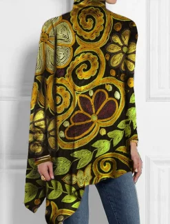 Women's T Shirt Fashion Floral Print Asymmetric Hem Long Sleeve Long Tops High Neck Casual Holiday Red Blue Green Spring & Fall