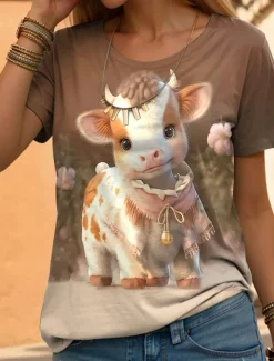 Women's T Shirt Fashion Funny Print Short Sleeve Regular Tops Round Neck Daily Weekend Yellow Blue Purple Orange Brown Summer