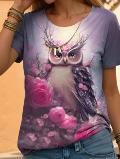 Women's T Shirt Fashion Funny Print Short Sleeve Regular Tops Round Neck Daily Weekend Yellow Blue Purple Orange Brown Summer