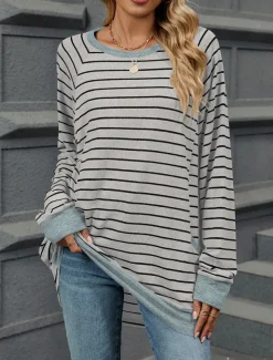 Women's T Shirt Fashion Modern Casual Long Sleeve Regular Tops Crew Neck Daily Weekend Gray / White Black Blue Light Grey Fall Winter