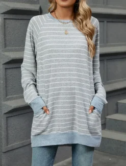 Women's T Shirt Fashion Modern Casual Long Sleeve Regular Tops Crew Neck Daily Weekend Gray / White Black Blue Light Grey Fall Winter