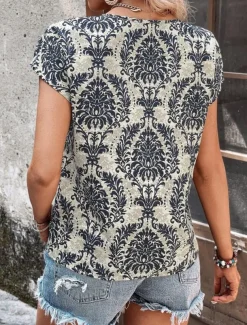 Women's T Shirt Floral Bohemia Vintage Casual Short Sleeve Crew Neck Regular Tops Daily Weekend Navy Blue Brown Summer Spring