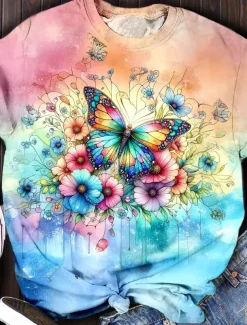 Women's T Shirt Floral Butterfly Casual Short Sleeve Round Neck Regular Tops Daily Print Pink Summer