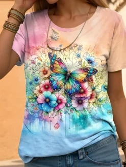 Women's T Shirt Floral Butterfly Casual Short Sleeve Round Neck Regular Tops Daily Print Pink Summer