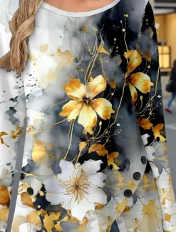 Women's T Shirt Floral Casual Long Sleeve Crew Neck Regular Tops Daily Buttons Print Asymmetrical Gray Spring Fall