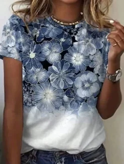Women's T Shirt Floral Casual Short Sleeve Round Neck Regular Tops Daily Print Blue Summer