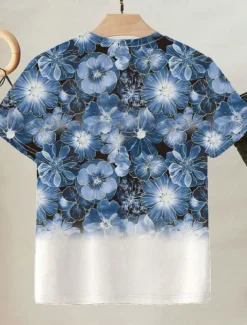 Women's T Shirt Floral Casual Short Sleeve Round Neck Regular Tops Daily Print Blue Summer
