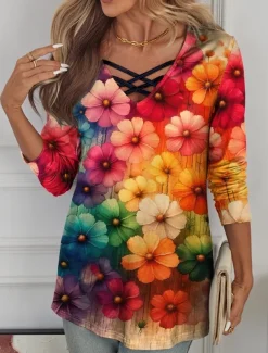 Women's T Shirt Floral Casual Long Sleeve V Neck Long Tops Daily Weekend Print Red Spring Fall