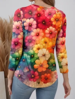 Women's T Shirt Floral Casual Long Sleeve V Neck Long Tops Daily Weekend Print Red Spring Fall