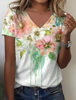 Women's T Shirt Floral Casual Short Sleeve Round Neck Regular Tops Daily Print White Summer