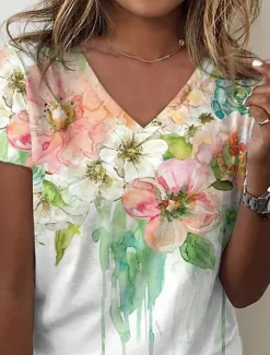 Women's T Shirt Floral Casual Short Sleeve Round Neck Regular Tops Daily Print White Summer