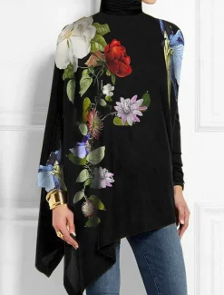 Women's T Shirt Floral Fashion Long Sleeve High Neck Long Tops Holiday Weekend Print Asymmetrical Black Yellow Red Blue Purple Spring & Fall
