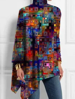 Women's T Shirt Floral Fashion Long Sleeve High Neck Long Tops Holiday Weekend Print Asymmetrical Black Yellow Red Blue Purple Spring & Fall