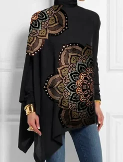 Women's T Shirt Floral Fashion Long Sleeve High Neck Long Tops Holiday Weekend Print Asymmetrical Black Yellow Red Blue Purple Spring & Fall