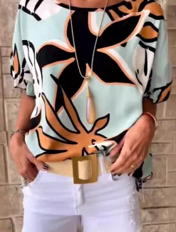 Women's T Shirt Floral Fashion Short Sleeve Round Neck Regular Tops Vacation Weekend Ruffle Print Green Beige Gray Light Blue Summer