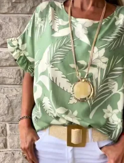 Women's T Shirt Floral Fashion Short Sleeve Round Neck Regular Tops Vacation Weekend Ruffle Print Green Beige Gray Light Blue Summer