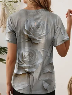 Women's T Shirt Floral Graphic 3D Vintage Stylish Casual Short Sleeve Crew Neck Regular Tops Daily Going out Weekend Print Green Gray Light Blue Summer Spring
