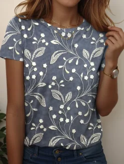 Women's T Shirt Floral Graphic Vintage Stylish Casual Short Sleeve Round Neck Regular Tops Daily Weekend Print Yellow Red Blue Light Blue Summer Spring