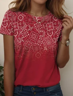 Women's T Shirt Floral Graphic Vintage Stylish Casual Short Sleeve Round Neck Regular Tops Daily Weekend Print Yellow Red Blue Light Blue Summer Spring