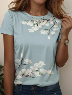 Women's T Shirt Floral Graphic Vintage Stylish Casual Short Sleeve Round Neck Regular Tops Daily Weekend Print Yellow Red Blue Light Blue Summer Spring