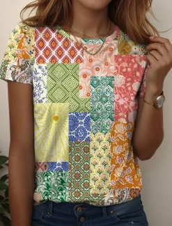 Women's T Shirt Floral Graphic Vintage Stylish Casual Short Sleeve Round Neck Regular Tops Daily Weekend Print Yellow Red Blue Light Blue Summer Spring