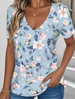 Women's T Shirt Floral Graphic Vintage Stylish Classic Short Sleeve V Neck Regular Tops Daily Print Blue Purple Green Summer Spring