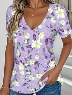 Women's T Shirt Floral Graphic Vintage Stylish Classic Short Sleeve V Neck Regular Tops Daily Print Blue Purple Green Summer Spring