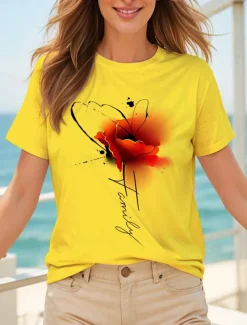 Women's T Shirt Floral Graphic Letter Vintage Stylish Classic Short Sleeve Crew Neck Round Neck Regular Tops Daily Weekend Print Black White Yellow Pink Blue Summer Spring