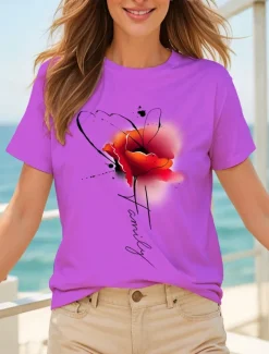 Women's T Shirt Floral Graphic Letter Vintage Stylish Classic Short Sleeve Crew Neck Round Neck Regular Tops Daily Weekend Print Black White Yellow Pink Blue Summer Spring