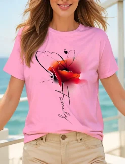 Women's T Shirt Floral Graphic Letter Vintage Stylish Classic Short Sleeve Crew Neck Round Neck Regular Tops Daily Weekend Print Black White Yellow Pink Blue Summer Spring