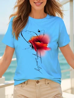 Women's T Shirt Floral Graphic Letter Vintage Stylish Classic Short Sleeve Crew Neck Round Neck Regular Tops Daily Weekend Print Black White Yellow Pink Blue Summer Spring